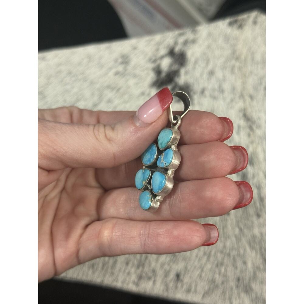 Sterling Silver 2” Blue Ridge Turquoise Multistone Cluster Pendant 6 Stone 925 - Picture 8 of 10